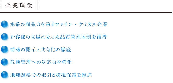 水系の商品力を誇るファイン・ケミカル企業　お客様の立場に立った品質管理体制を維持　情報の開示と共有化の徹底　危機管理への対応力を強化　地球規模での取引と環境保護を推進